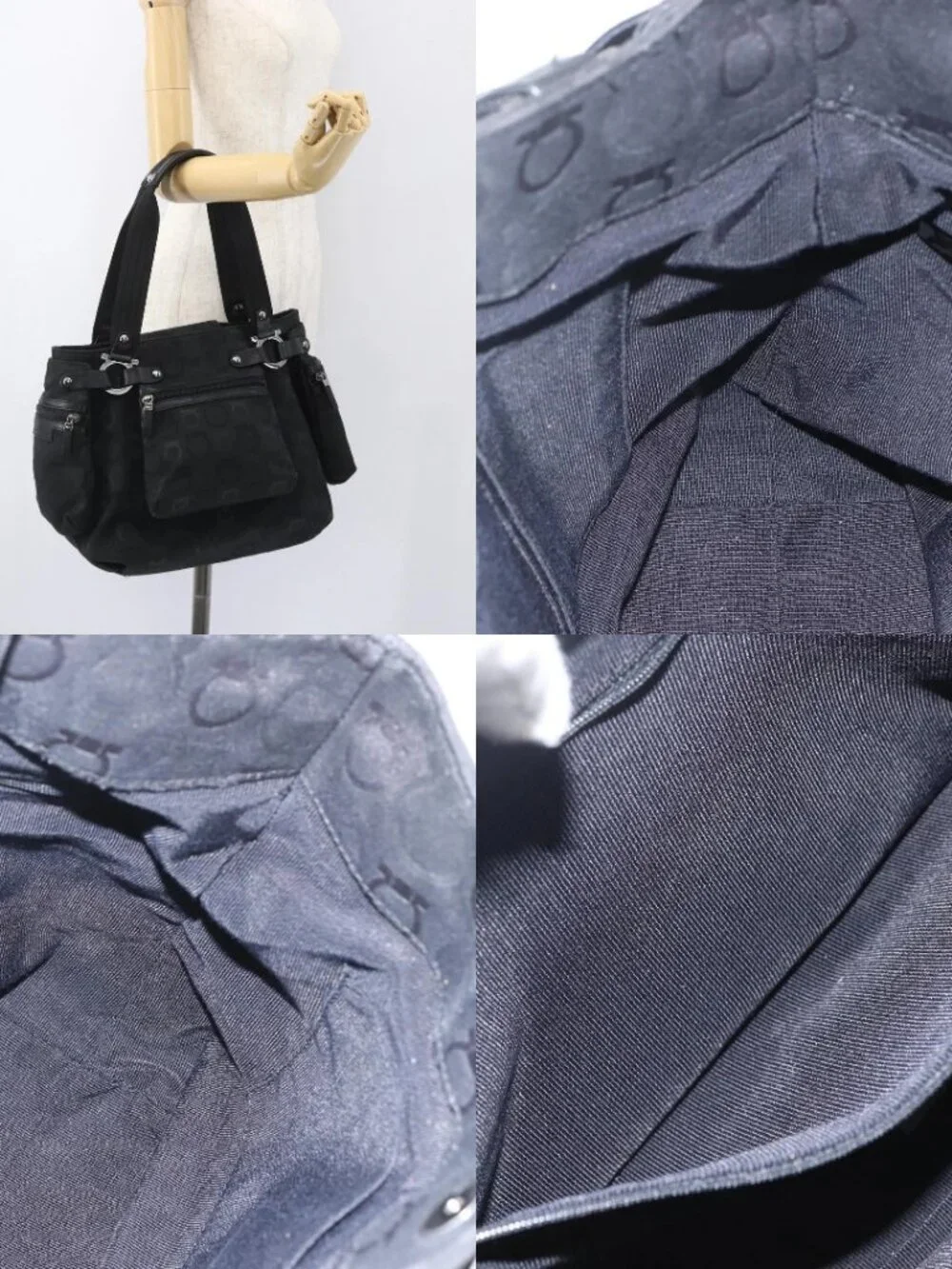 Salvatore Ferragamo Gancini Tote Bag Nylon Black Silver Auth BA9401